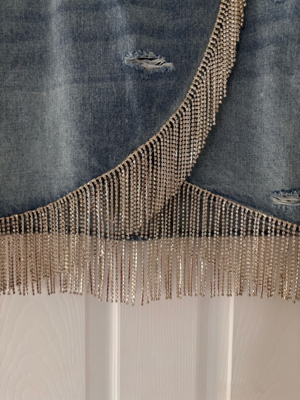BLANKYC denim mink skirt with rhinestone fringe - Picture 4 of 11